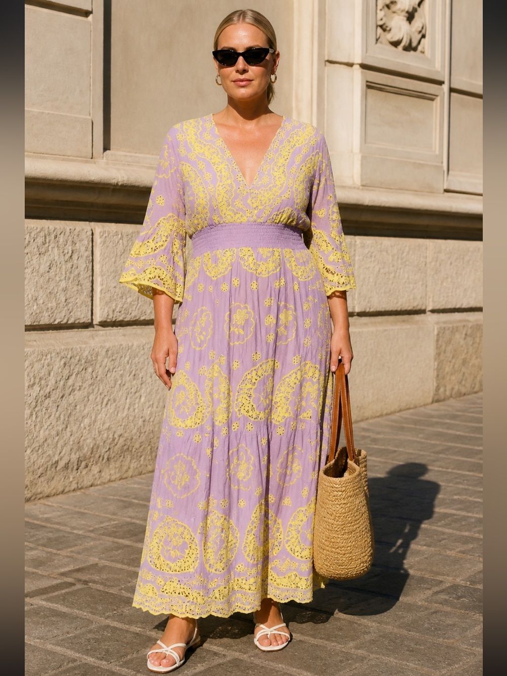 Lavender & Yellow Lace-Trim Maxi Dress with Smocked Waist
